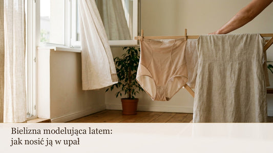 Beżowe majtki modelujące schną na drewnianej suszarce przy otwartym oknie