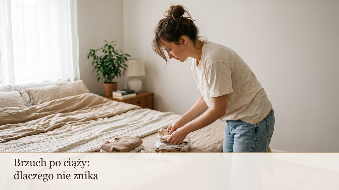 Kobieta po porodzie składa ubranka dziecka w jasnej sypialni