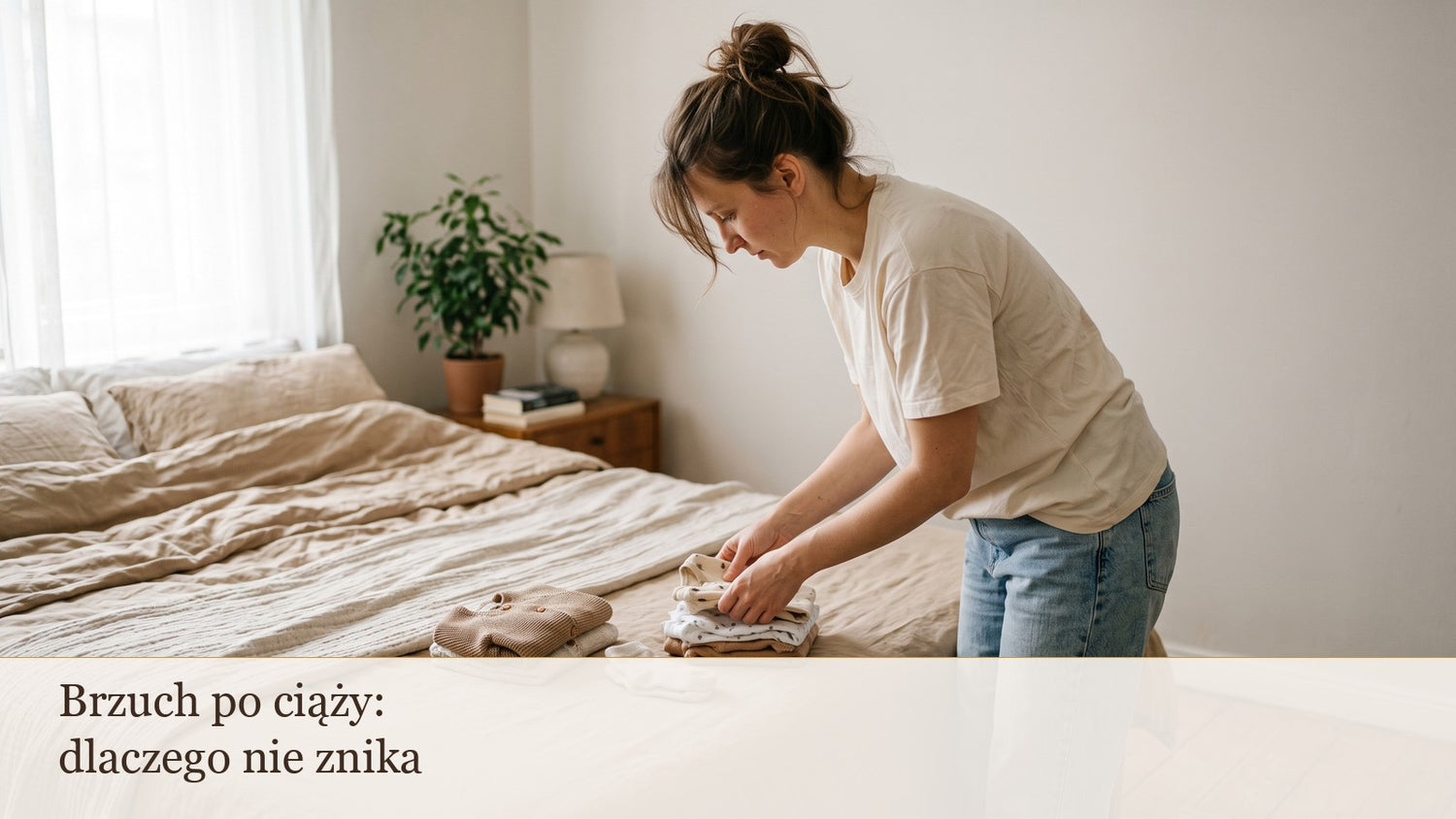 Kobieta po porodzie składa ubranka dziecka w jasnej sypialni