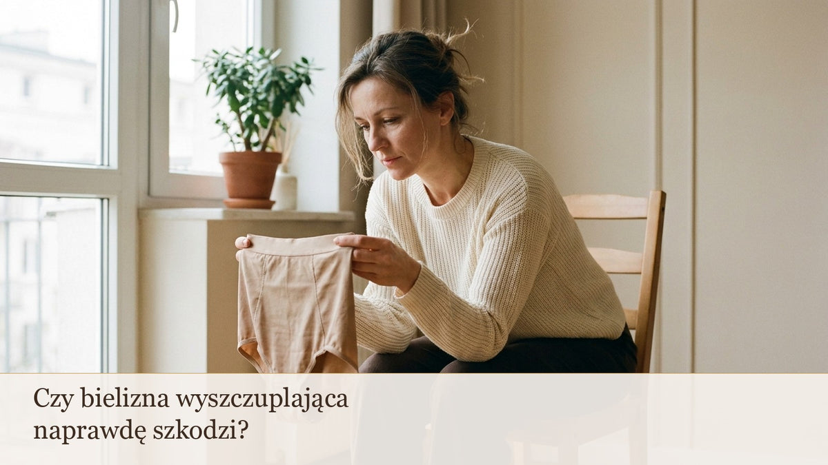Kobieta ogląda beżową bieliznę modelującą siedząc przy oknie