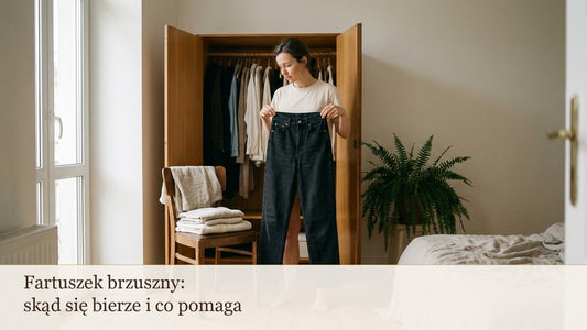 Kobieta trzyma dżinsy z wysokim stanem przed otwartą szafą