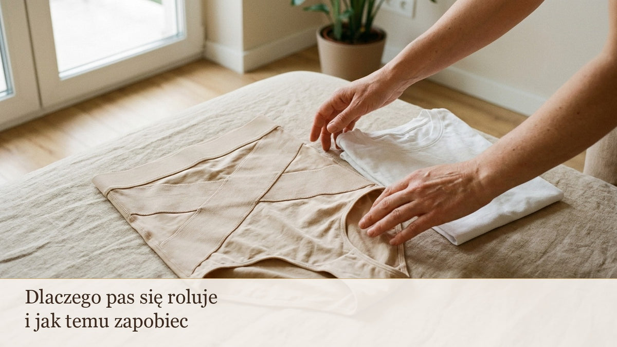Beżowe majtki wyszczuplające z szerokim pasem na lnianej pościeli