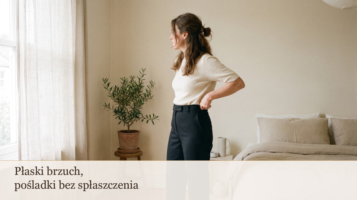 Kobieta poprawia pasek spodni z wysokim stanem, widok z boku