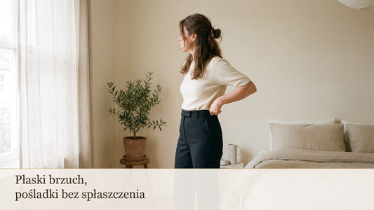 Kobieta poprawia pasek spodni z wysokim stanem, widok z boku