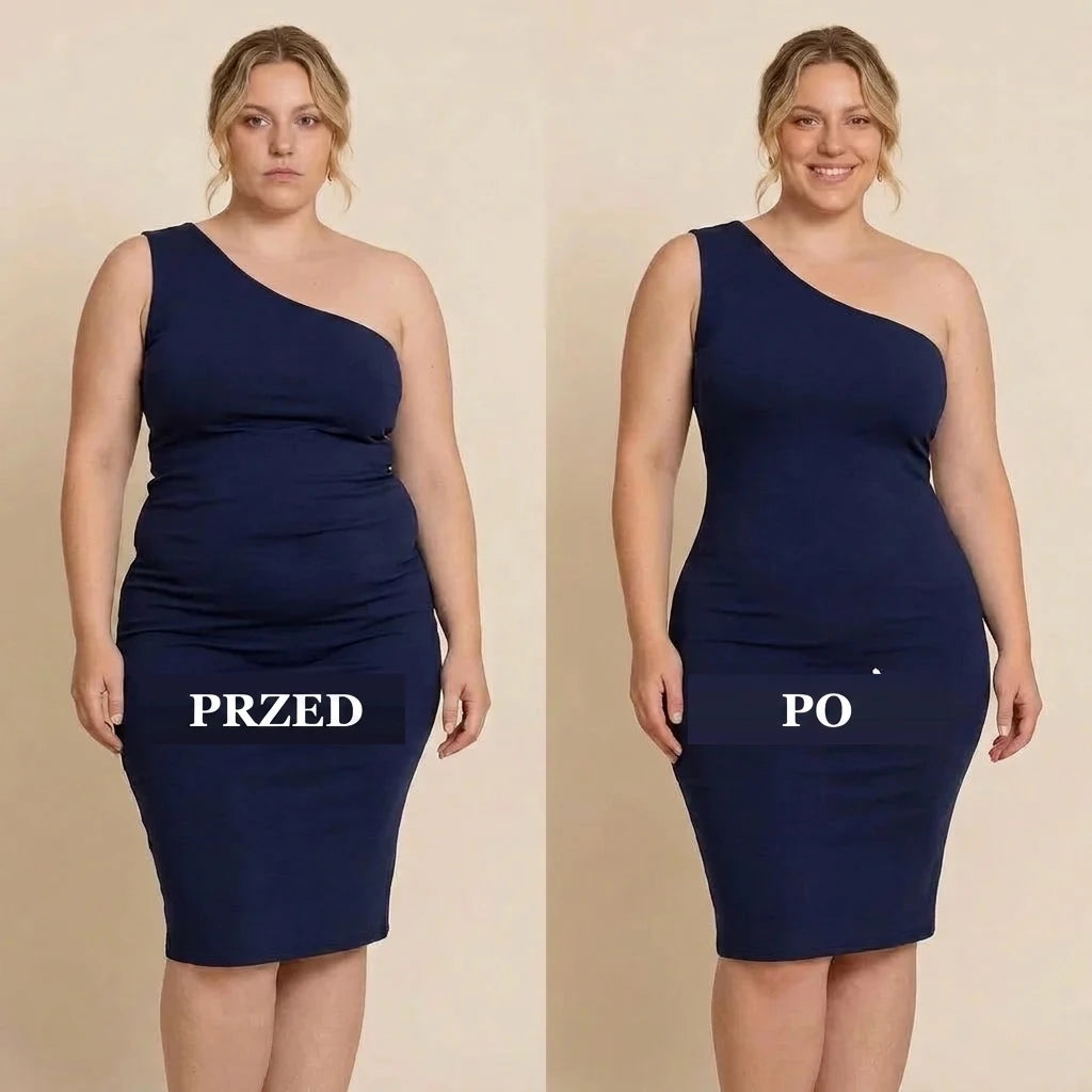 Przed i po pod dopasowaną sukienką