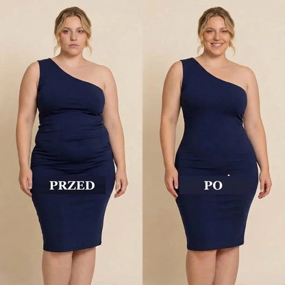 Przed i po pod dopasowaną sukienką