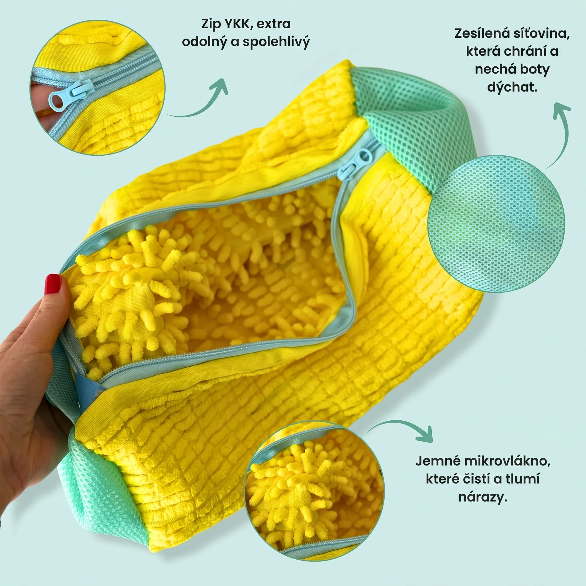 Detail materiálů: zip YKK, síťovina, mikrovlákno